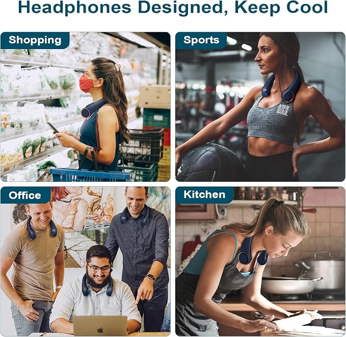 CIVPOWER Neck Fan: Portable Personal Neck Cooling Rechargeable Bladeless Fan - Hands Free 3 Speed 4000 mAh Battery USB Operated Wearable Headphone Design - Gift for Men Women Outdoor (Dark Blue)