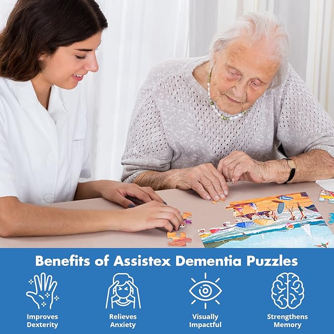 Assistex Large Piece Jigsaw Puzzle for Seniors with Dementia with Conversation Prompts, Large Piece Memory Game for Adults, Elderly, and Dementia Patients – Beach Puzzle, 36 pcs