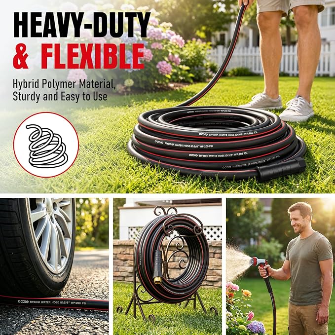 Heavy Duty Garden Hose 25ft, NON-EXPANDABLE Flexible Water Hose, Kink Resistant Lightweight Hybrid Hose, Leakproof Hose Male to Female Fittings
