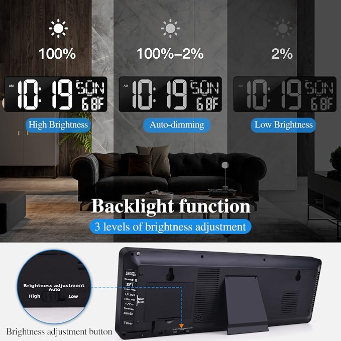 17.2"Large Digital Wall Clock Large Display with Remote Control 180°Visible | Timer with Temperature Date Week Auto DST Adjustable Brightness, for Living Room Classroom Garage Gym Gift for Senior Mom Dad