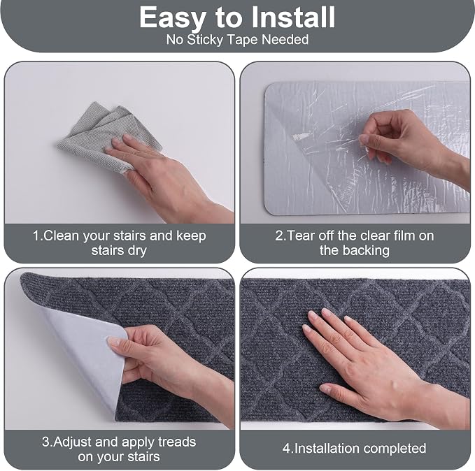 15 PCS Non Slip Stair Treads for Wooden Steps – 8"x30" Indoor Non Slip Stair Treads, Carpet Stair Mats with Self-Adhesive Backing, Removable & Machine Washable – Light Grey Pattern