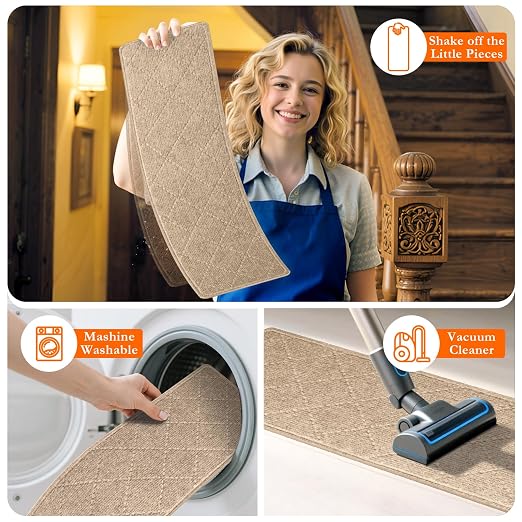 Stair Treads for Wooden Steps 15 PCS Non Slip Stair Rugs Khaki | 8x30in Self-adhesive Stair Runner Strips, Machine Washable, Indoor Carpet for Stairs, Stair Protection for Kids Pets Elderly