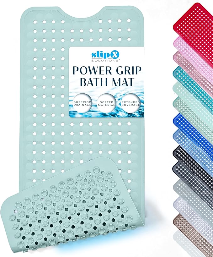 SlipX Solutions Power Grip Bathtub Safety Mat | Precision Grip Technology for Longer, Stronger, & Softer Wet Surface Protection | Solid Seafoam 39"x16"