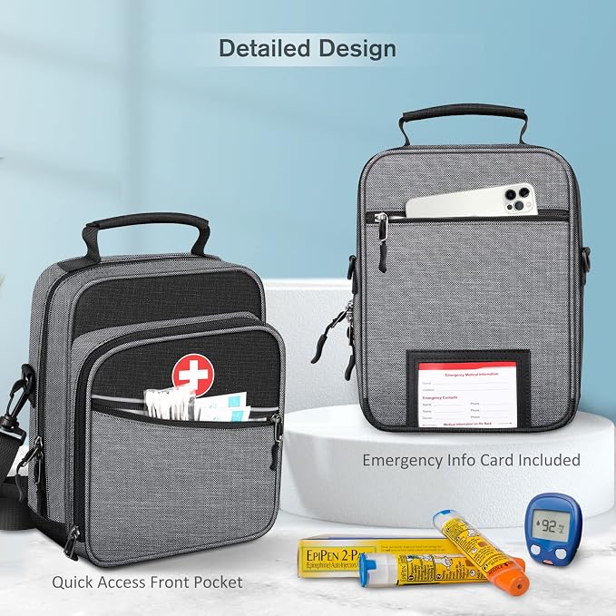 MEDMAX Insulin Cooler EpiPen Carrying Case Insulated, Travel Medication Diabetes Supplies Organizer Bag with Shoulder Strap for Asthma Inhaler, Auvi-Q, Allergy Medicine Essentials (Gray)