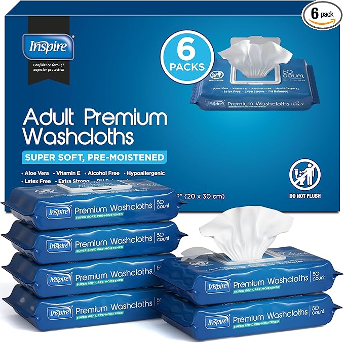 Inspire Adult Wet Wipes, Wash Cloths, Incontinence & Cleansing for Elderly Extra Large, 8"x12" (300 count)