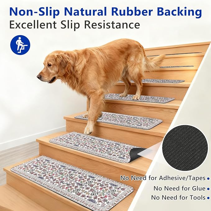 Vintage Floral Stair Treads Non Slip Carpet Stair Treads for Wooden Steps Indoor 15PCS 30"x8" Stair Runner Stair Mats Safety Staircase Step Treads for Elders Kids Dogs White