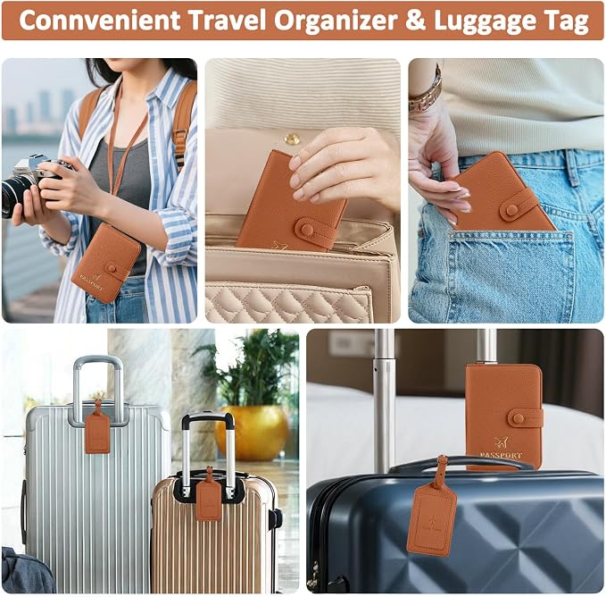 Passport Holder RFID Protected Wallet and Luggage Tag with Protection Cover Travel Accessories Leather Card Case Organizer for Women Men (Brown)