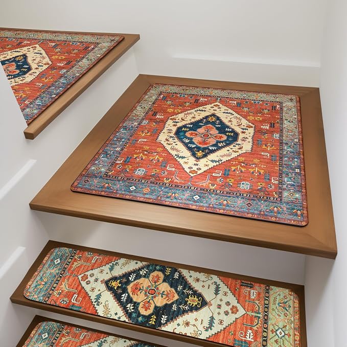 OJIA Stair Treads Non-Slip Matching Mat for Wooden Steps 31"x31" Stair Rugs | Square Capet Stair Treads Rubber Backing Stair Runner Anti-Slip Stair Landing Mat Stair Mats Carpet for Stairs