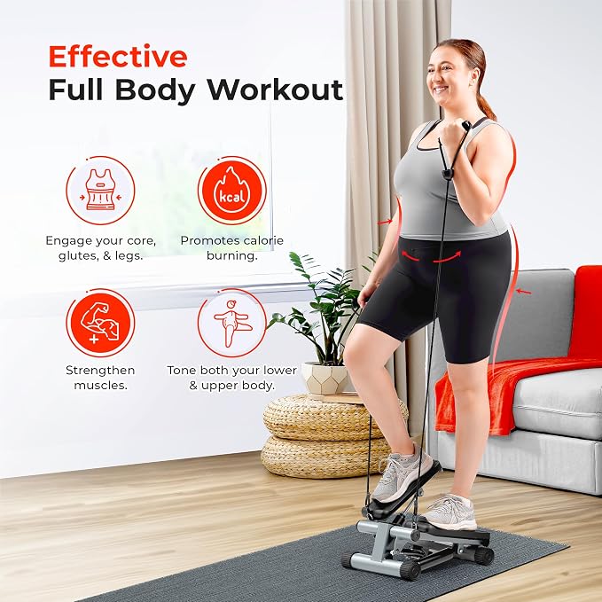 Sunny Health & Fitness Mini Steppers for Exercise at Home, Stair Step Workout Machine with Resistance Bands, Full Body Cardio Equipment, Optional Free SunnyFit App Connection Smart Stepper