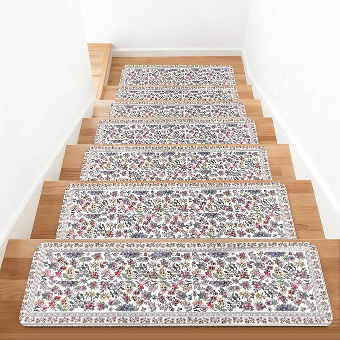 Vintage Floral Stair Treads Non Slip Carpet Stair Treads for Wooden Steps Indoor 15PCS 30"x8" Stair Runner Stair Mats Safety Staircase Step Treads for Elders Kids Dogs White