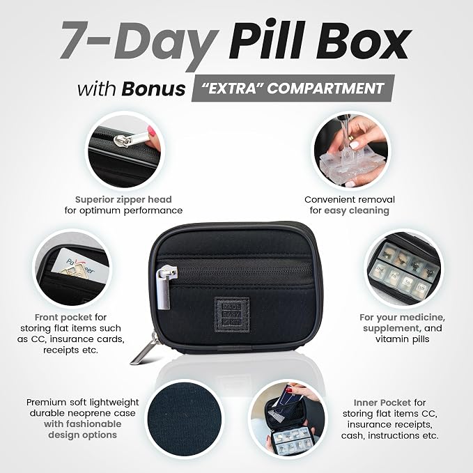 Made Easy Kit Pill Case - Weekly Medicine Organizer with Removable Seven-Day Vitamin & Supplement Box - Premium Neoprene for Travel Purse Accessory (Black)