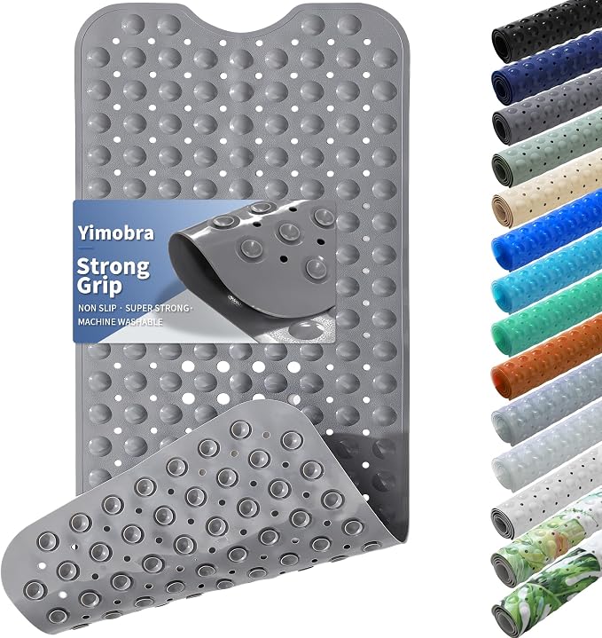 Yimobra Non Slip Bathtub Mat 40 x 16 Inch, Extra Long Shower Mat with Drain Holes, Machine Washable Baby Bath Mats, Strong Suction Cups for Bathroom Floor, Grey