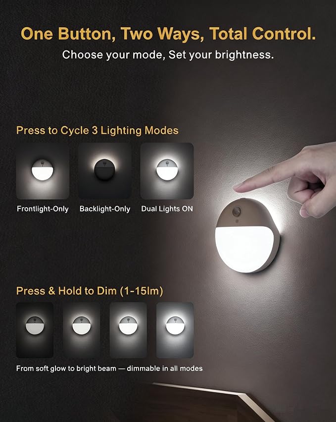 2 Pack Battery Night Light, Toilet Lights, 2.6" Small Motion Senor Light, Stick on Lights, 3 Light Modes, Dimmable LED Nightlight for Closet, Stairs, Garage, Cabinet, Toliet, Daylight White