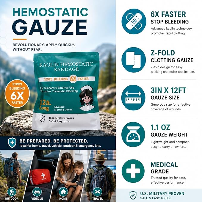 Quick Clot Gauze, First Aid Advanced Stop The Bleed Kit Combat Flexible Hemostatic Gauze-Bleed Stop Faster Wound Packing Medical,Survival Kit Supplies (3" x 12.5')