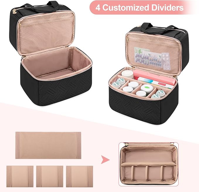 Damero Double Layers Pill Bottle Organizer Empty with 4 Customized Dividers | Lockable Medicine Storage Bag Medication Travel Bag for Prescription Bottles, Medical Supplements, Black