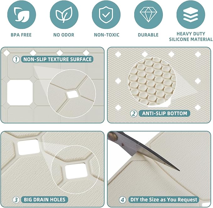 Shower Mat Non Slip Silicone Soft Odorless Bathtub Mat Non Slip No Suction Cups for Refinished,Reglazed and Textured Bath Tub Mat 24 X 24 Inch Beige