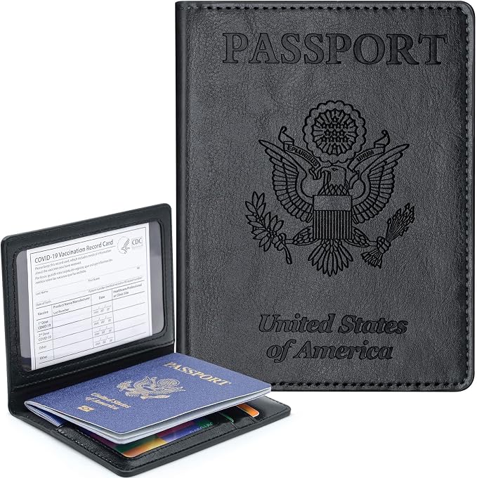 Passport Holder Cover Wallet Case RFID Blocking Leather Card Slot Travel Accessories Documents Organizer Protector for Women Men, Black
