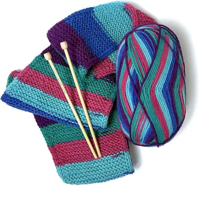 The Spinning Hand Knitting Kit for Beginners Adults – Educator-Designed, Self-Striping Wool Yarn, Bamboo Needles & Video Tutorials (Tie Dye)