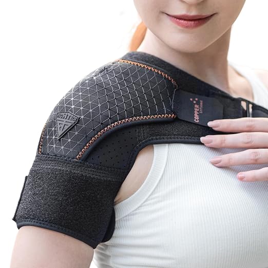 FIGHTECH Rotator Cuff Shoulder Brace for Women and Men - 2 Sizes - Shoulder Support - Pain Relief - Copper Black - Small (Chest 29-35" Bicep 9-12")