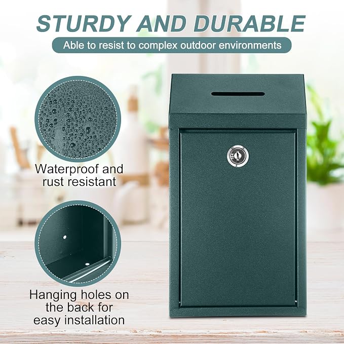 Yaocom Metal Money Box,Dark Green,10.24 x 5.71 x 2.95 Inch,No Lid | Wall Mounted Drop Donation Cash Box for Farm Stand Collection Safe Suggestion Box with Lock Container for Home Office Outdoor