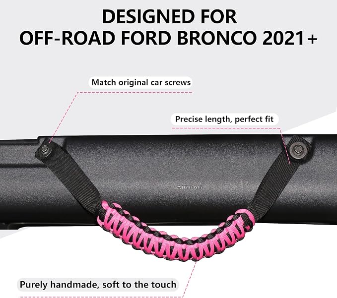 sukemichi Pink Grab Handles for 2021-2026 Ford Bronco 2/4 Door | Roll bar paracord grab handles,Fits Bronco hard & soft top,Off-road safety grip handle,Work with airbags,Not for Sport,4 Pack