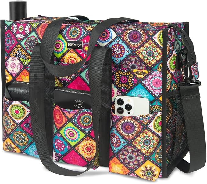 TOPDesign Utility Water Resistant Tote Bag with 22 Pockets, Top Zipper Closure & Thick Bottom Support, for Working Women