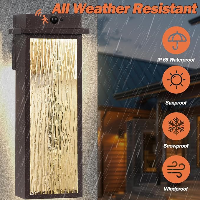 VenzBlomia 20” Large Brown Motion Sensor Dusk to Dawn Outdoor Wall Sconces | 2 Pack Oil Rubbed Bronze Outdoor Wall Lights with Water Ripple Glass, Weather Resistant Modern Elegance, Soft Warm Glow