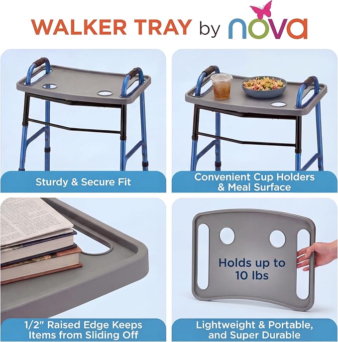 NOVA Walker Tray Table with Spill-Proof Raised Edges and Two Cup Holders and for Seniors, Standard Folding Walker Accessory, 16 x 23 Inch