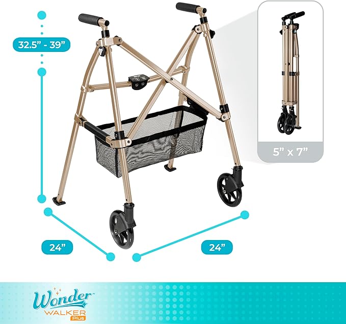 Stander Wonder Walker Plus, Lightweight Folding Mobility Aid for Adults, Seniors, and Elderly, Collapsible Travel EZ Fold-N-Go with Wheels, Glides, & Basket, Desert Sand