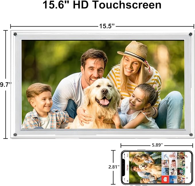 Frameo Digital Picture Frame,15.6'' WiFi Slim Acrylic Smart Cloud Electronic Photo Frame, HD IPS Touch Screen Slideshow, 32GB Storage, Share Photos/Videos via App (Size: 15.51X9.7Inch)
