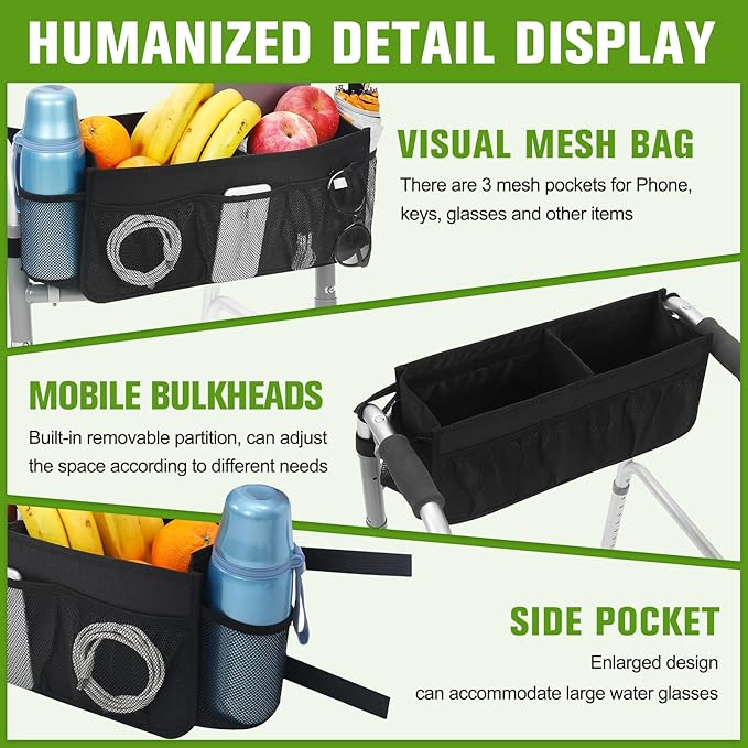 Upgrade Walker Basket with Cup Holder, Foldable Walker Storage Bag for Seniors with Big Capacity & Never Tipping Over, Best Gift for Family