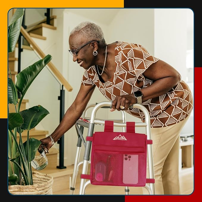supregear Walker Side Bag, Water Resistant Accessory Basket Pouch for Folding Walkers, Lightweight Hand Free Storage Carrier Tote, Universal Size Seniors Caddy Attachment, Red