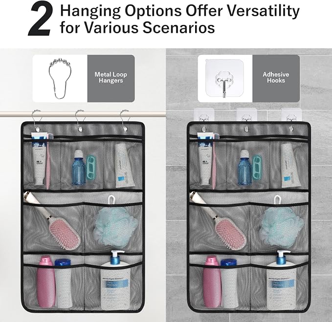 F-color 7-Pocket Mesh Shower Caddy - Hanging Shower Organizer for Cruise | Quick-Dry & See-Through Mesh for Toiletries, Fits Shower Rod Rings or Sticky Hooks for Bathroom & RV, Cruise Essentials 2026