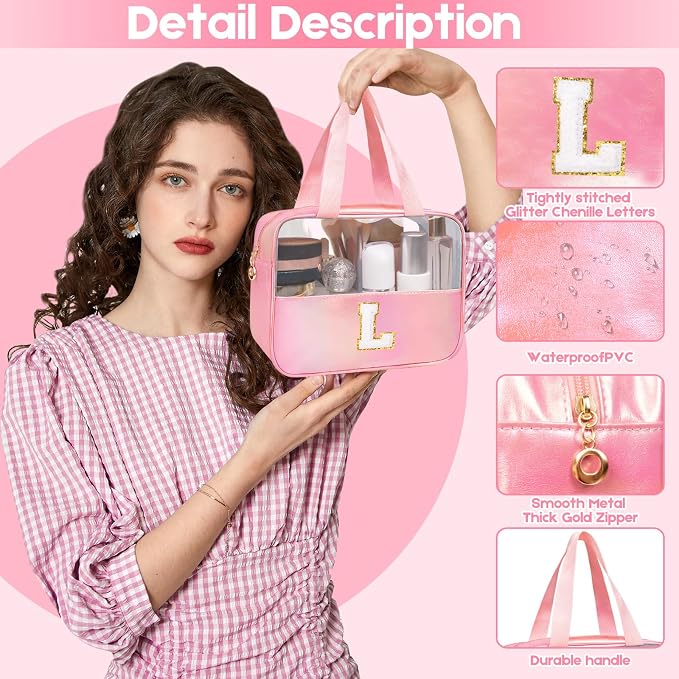 Personalized Initial Clear Makeup Bag Pink Cosmetic Bag Set Large Travel Toiletry Bag, Cute Clear Make Up Bags Organizer Bag for Girlfriend Teacher Gifts Teen Girl Gifts Trendy Stuff S (Pink)