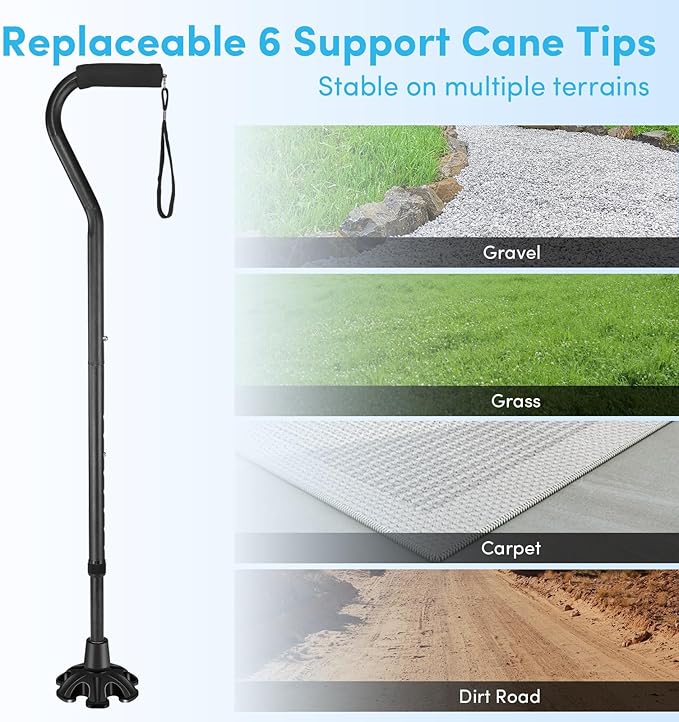 Adjustable Walking Cane for Women ＆ Men with 4-Pronged Base for Extra Stability, Foam Padded Offset Handle for Soft Grip, Foldable Cane for Seniors for Stability with 3 Different Cane Tips