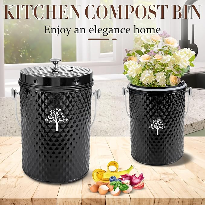 Countertop Compost Bin, Odor-Free Food Waste Container with 50 Bags | 1 Gallon Container,2 Carbon Filters,Compost Bucket, coffee grounds