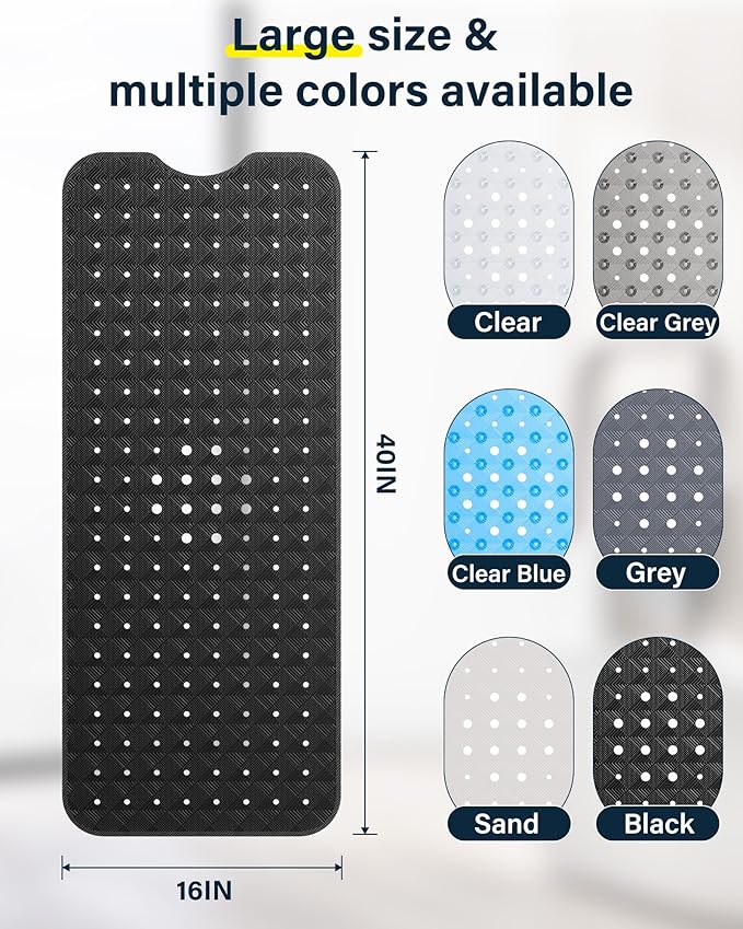 Non Slip Bathtub Mat for Tub & Shower, Machine Washable 40"x16" Anti Slip Bath Mat with 2 Hooks, Soft & Comfortable and Extra Largefor Families, Black