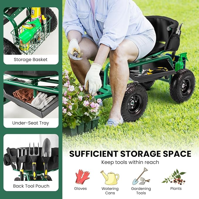 ERGOMASTER Rolling Garden Seat with Wheels, Adjustable 360° Swivel Workseat and Storage Basket, Extendable Handle, Outdoor Gardening Wagon Scooter, Green