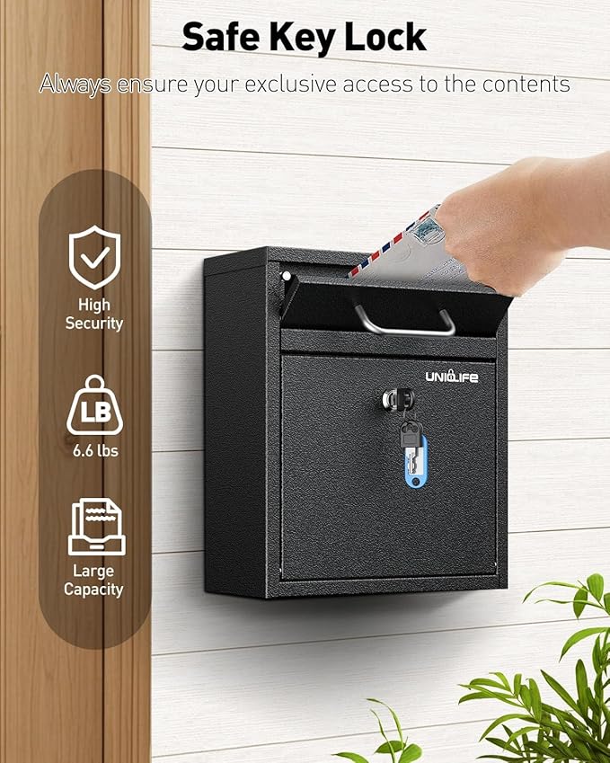 Uniclife Wall Mount Mailbox for Outside, Black Locking Mailbox | Anti-Theft Function, Heavy Duty, Small Mailbox with Key Lock, Safe Key Drop Box, Steel Cash Drop Box for Home Office, Black