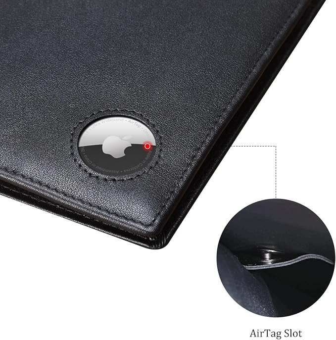 Polare Luxury RFID Blocking Leather Passport Holder Travel Wallet For Men and Women (Black with AirTag Slot)