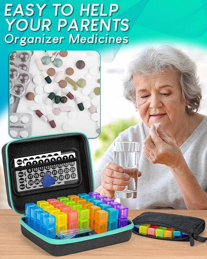 Monthly Pill Organizer 3 Times a Day, with Portable Hard Shell, Pill Cutter, 31-Day Box, Plastic Opening Pick, Monthly & Weekly Stickers, Convenient Medication Management (3 Times a Day)