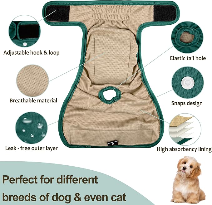 3 Pack Female Dog Diapers - Reusable Diapers for Doggie in Heat - Highly Absorbent Dog Diapers Female for Pet Incontinence with Adjustable Snaps (Red,Grreen,Black, XXL)