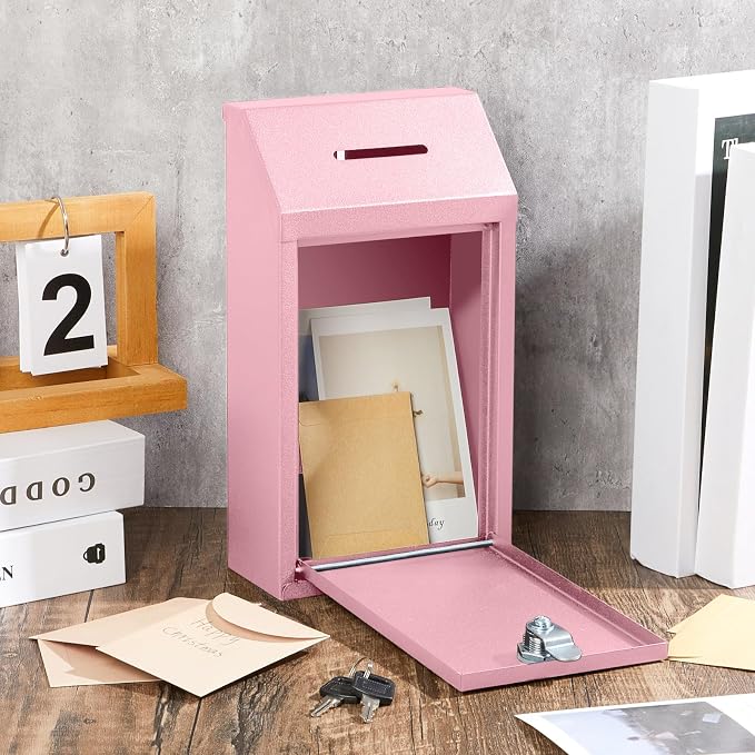 Yaocom Metal Money Box,Pink,10.24 x 5.71 x 2.95 Inch,No Lid | Wall Mounted Drop Donation Cash Box for Farm Stand Collection Safe Suggestion Box with Lock Container for Home Office Outdoor
