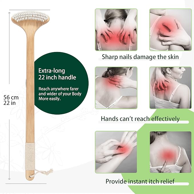 Extra Long Bamboo Back Scratcher, 22'' Reach Back Easily | Curved Handle, Wide Brush Head for Instant Itch Relief, Wet or Dry Use for Shower, Easy to Grip for Men/Women/Elderly