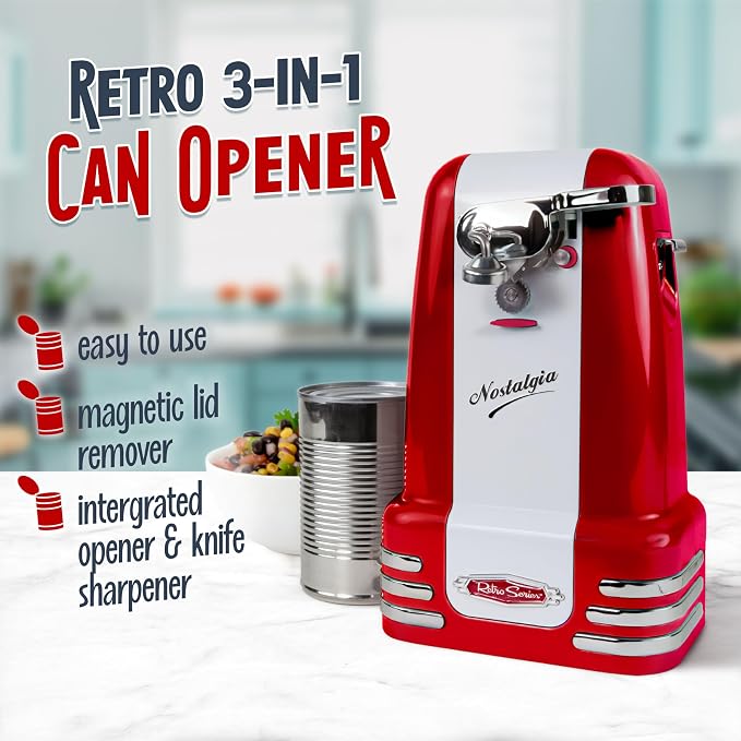 Nostalgia Retro Electric Can Opener for Kitchen with Magnetic Lid Remover, Knife Sharpener, and Soda or Beer Bottle Opener, Red