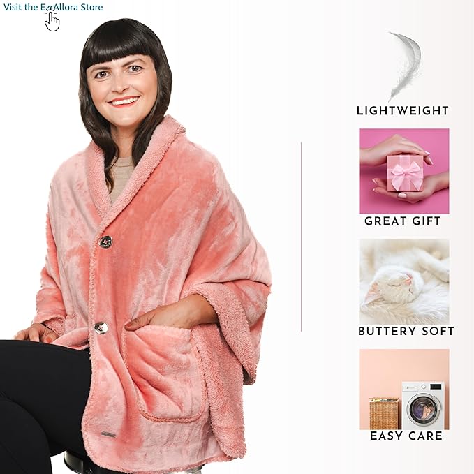 Premium Double Layer Wearable Blanket for Women -No Sleeves- Shawl with Pockets- Wrap Blanket- Gifts for Grandma (Powder Pink)