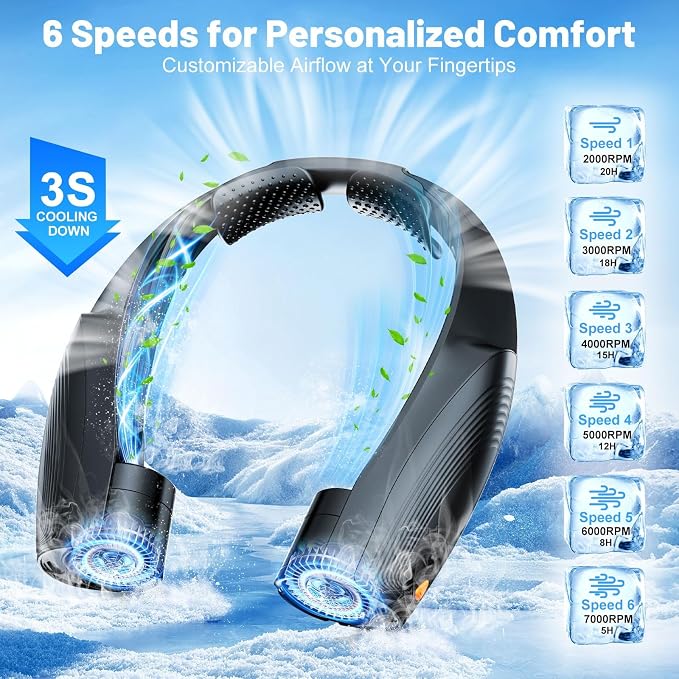 Portable Neck Fan with 6 Powerful Speeds, 8000mAh Battery Rechargeable Fan | 20H Runtime, Hands-Free 360° Cooling Personal Wearable Neck Fan, Gift for Women Men Travel Concerts