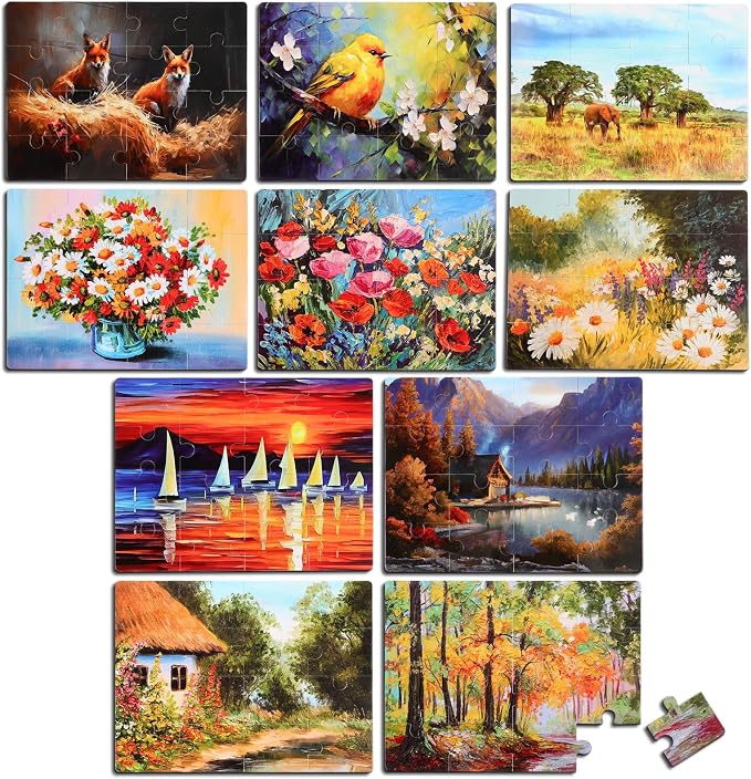 Hiboom 10 Pack 16 Piece Large Jigsaw Dementia Puzzles for Alzheimers Senior Easy Puzzles Dementia Products for Elderly Adults Gifts Memory Cognitive Games Christmas Activities, 9.45 x 12.6 Inch(Vivid)