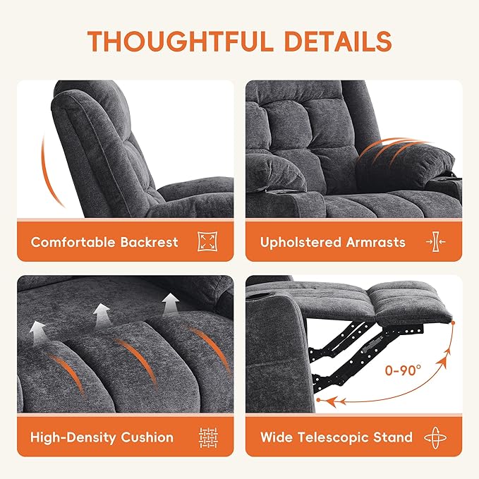 Ketaiyou Power Swivel Rocker Recliner Chair for Adults with Massage and Heat, USB and Type-C Ports, Infinite Position, Electric Glider Reclining Single Sofa Chair for Living Room (Dk Gray)