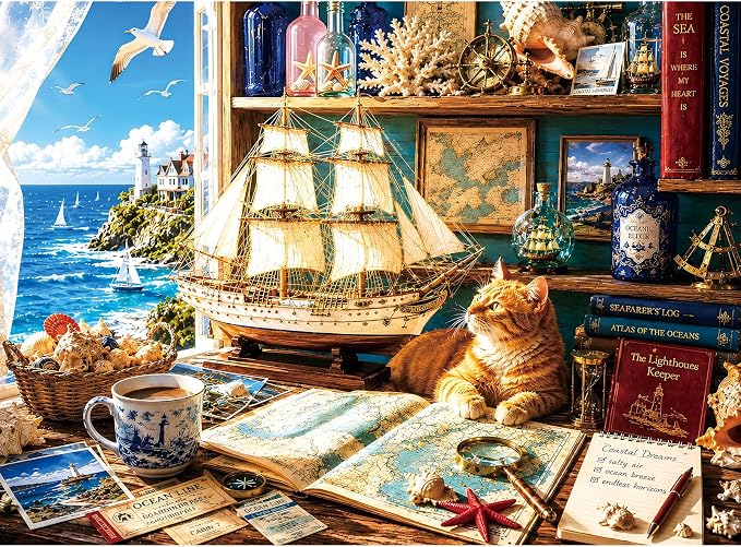 300 Piece Jigsaw Puzzle for Kids & Adults – Nautical Ocean Puzzle with Sailboat, Lighthouse, Cat and Vintage Coastal Room Scene, Family Game Puzzle Gift for Boys Girls Ages 8+, 20.5 x 15 in